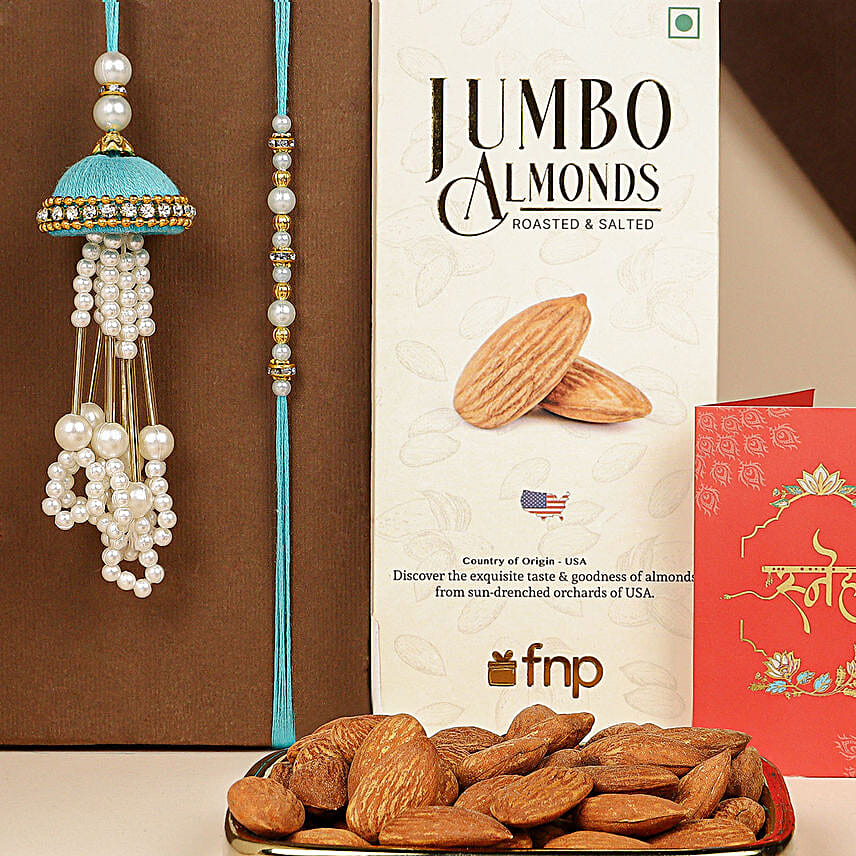 Tranquil Teal Jhumar Bhaiya Bhabhi Pearl Rakhi Set With Almonds
