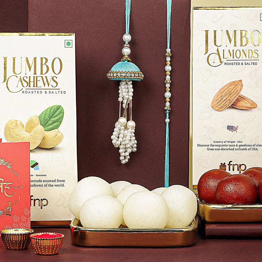 Tranquil Teal Jhumar Bhaiya Bhabhi Pearl Rakhi Set N Sweet Treats