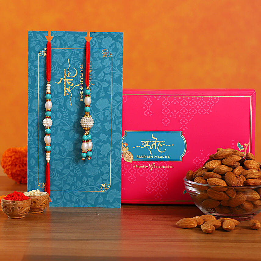 Blue Pearl And Lumba Rakhi Set With 100 Gms Almonds