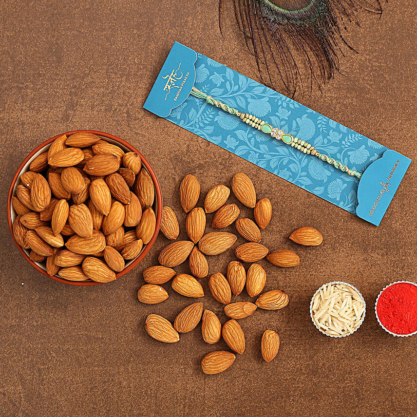 Green Pearl Designer Rakhi And Healthy Almonds