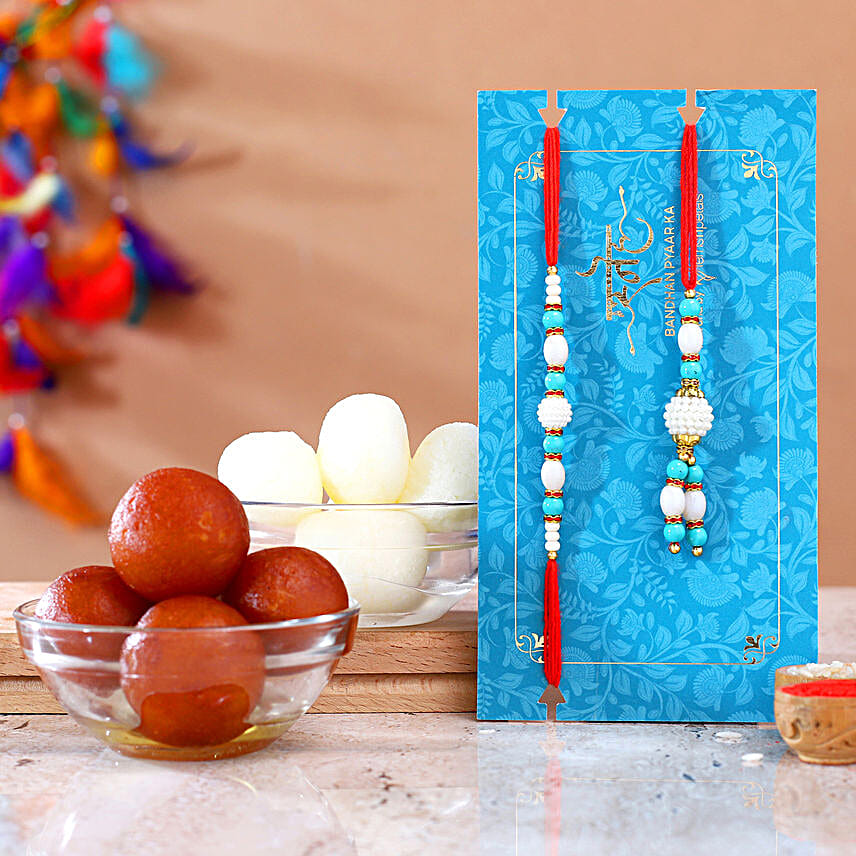 Blue Lumba Rakhi Set With Gulabjamun And Rasgulla