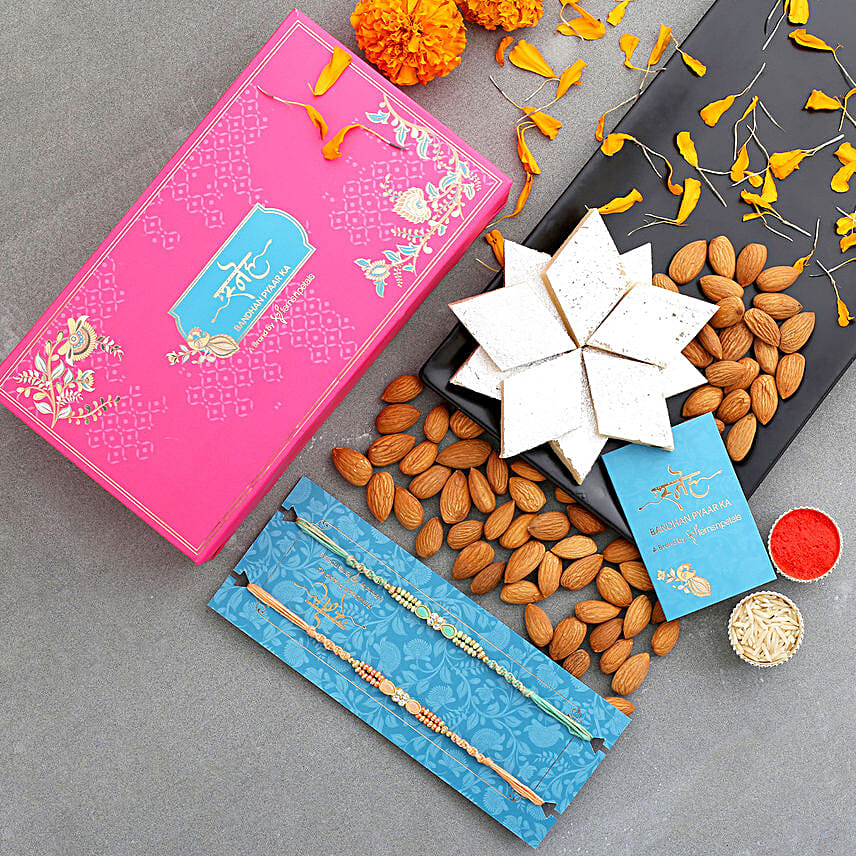 2 Stone Designer Rakhis And Almonds With Kaju Katli
