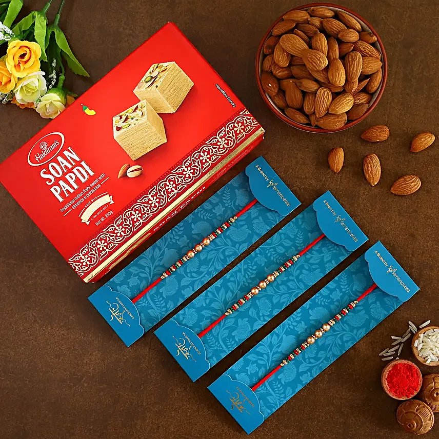 3 Pearl Mauli Rakhis With Soan Papdi And Almonds