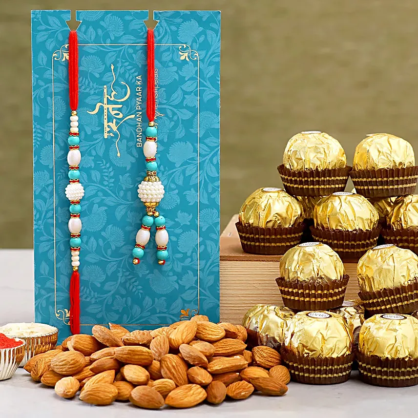 Blue Pearl Lumba Rakhi Set And Almonds With Ferrero Rocher