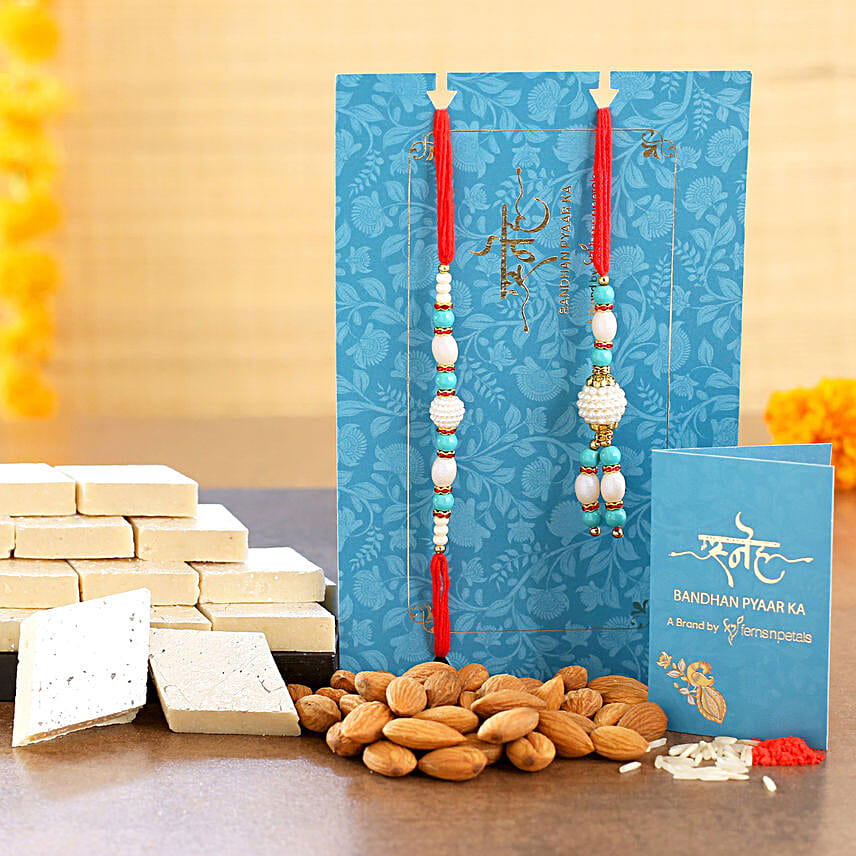 Blue Pearl Lumba Rakhi Set And Almonds With Kaju Katli