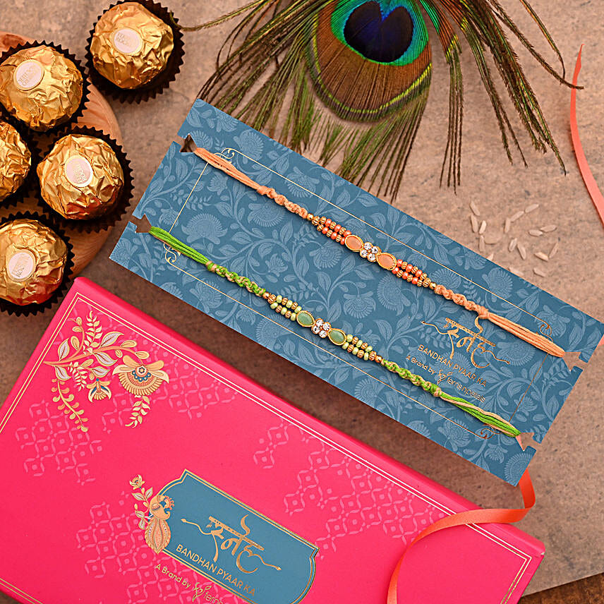 Designer Stone Rakhi Combo And 5 Pcs Ferrero Rocher
