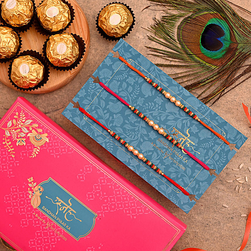 Ethnic Pearl Mauli Rakhis Set And 5 Pcs Ferrero Rocher