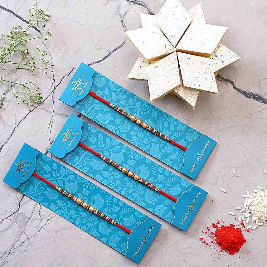 Ethnic Pearl Mauli Rakhis Set And Kaju Katli