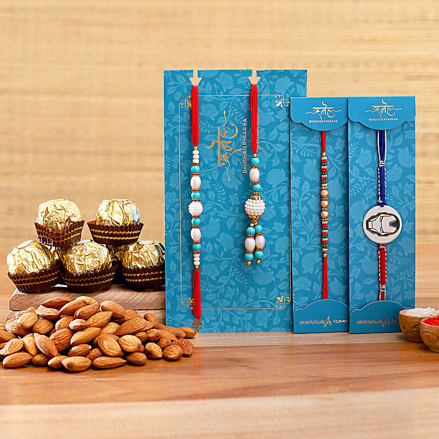 Family Rakhi Set With Almonds And Ferrero Rocher