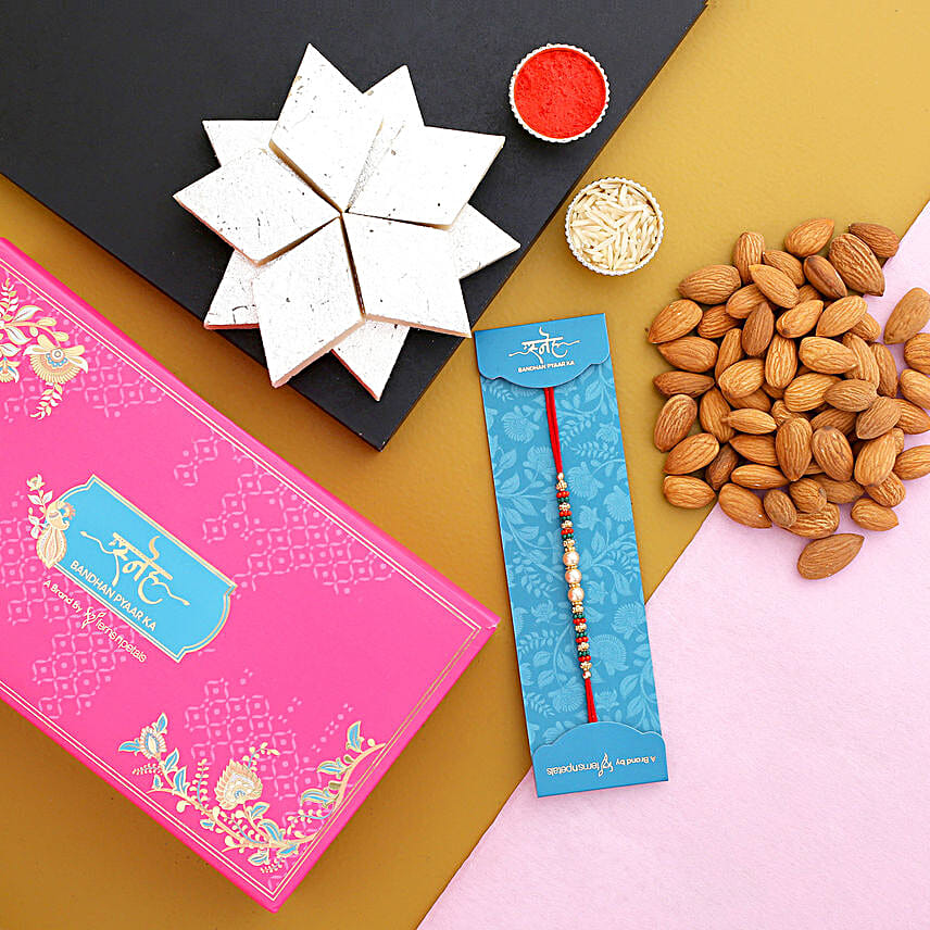Golden Pearl Rakhi And Almonds With Kaju Katli