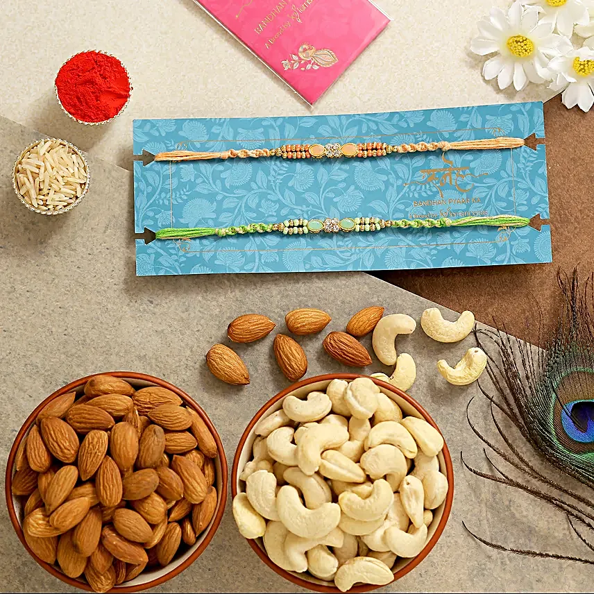 Green And Orange Stone Rakhi Set With Dry Fruits
