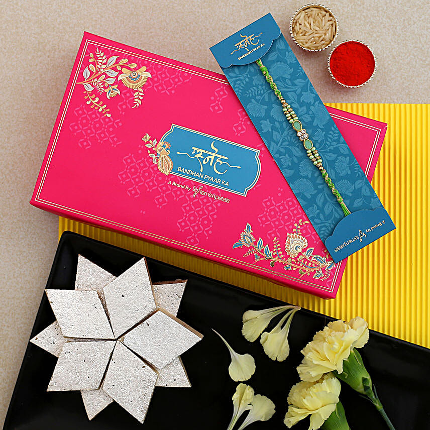 Green Pearl Designer Rakhi And Kaju Katli