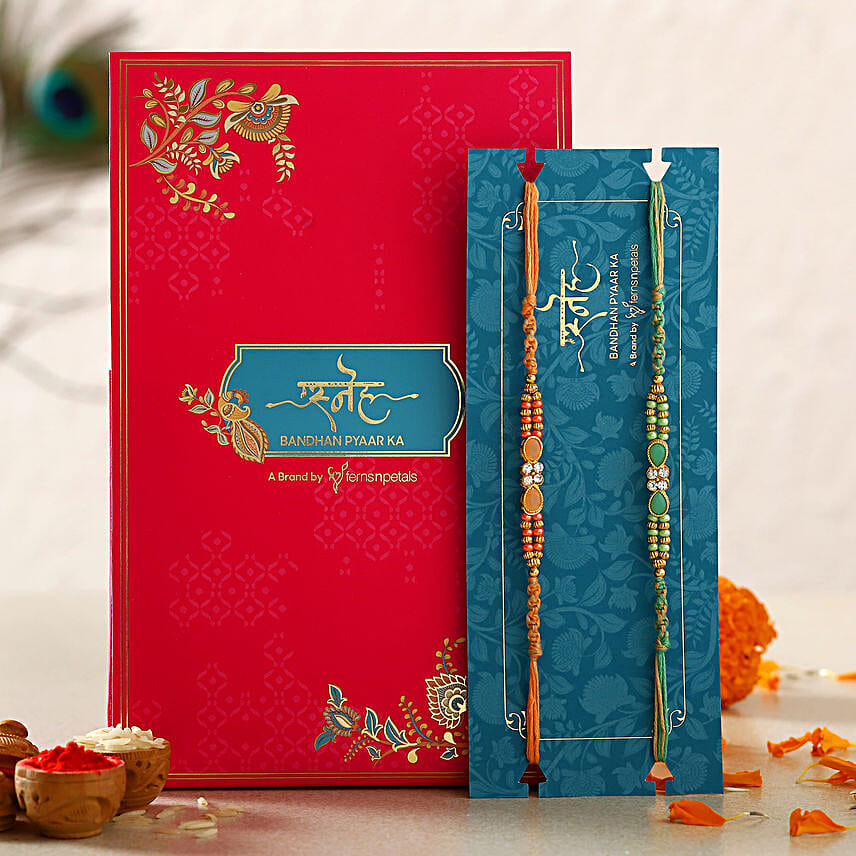 Green Stone And Orange Stone Designer Rakhi Set