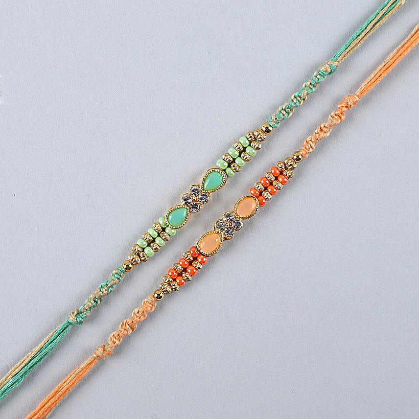 Green Stone And Orange Stone Designer Rakhi Set