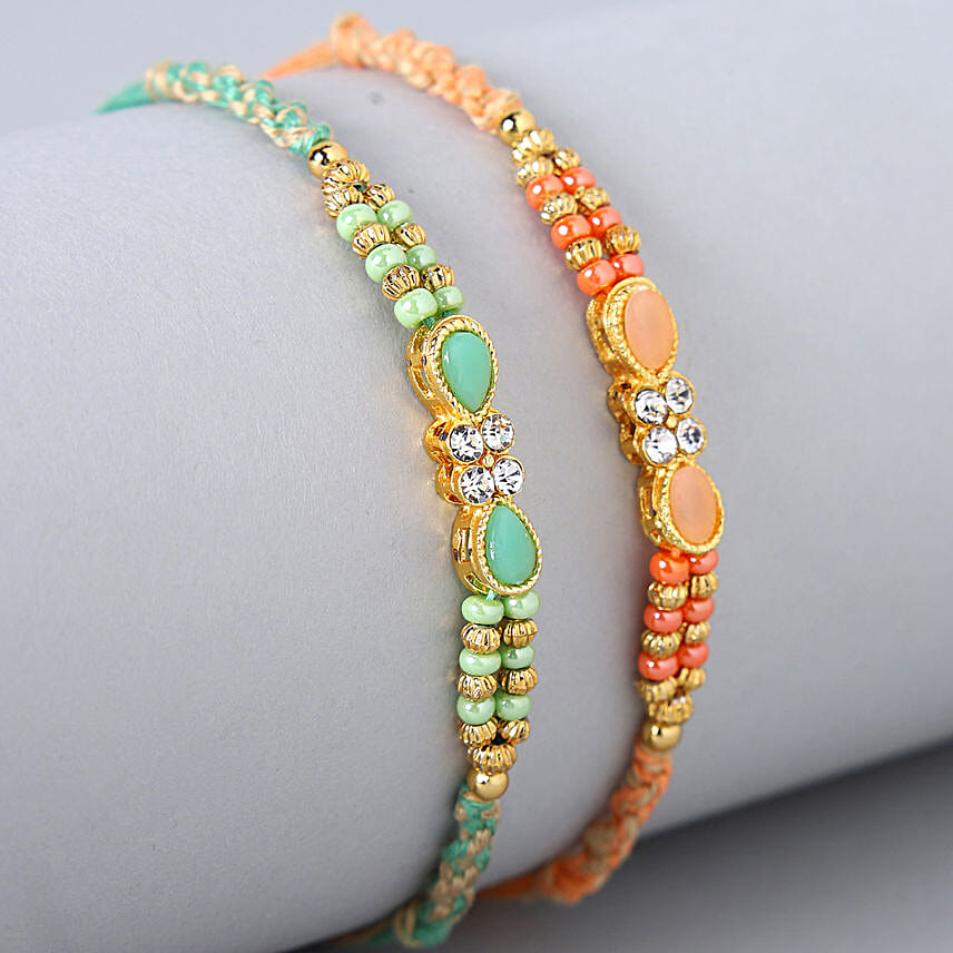 Green Stone And Orange Stone Designer Rakhi Set