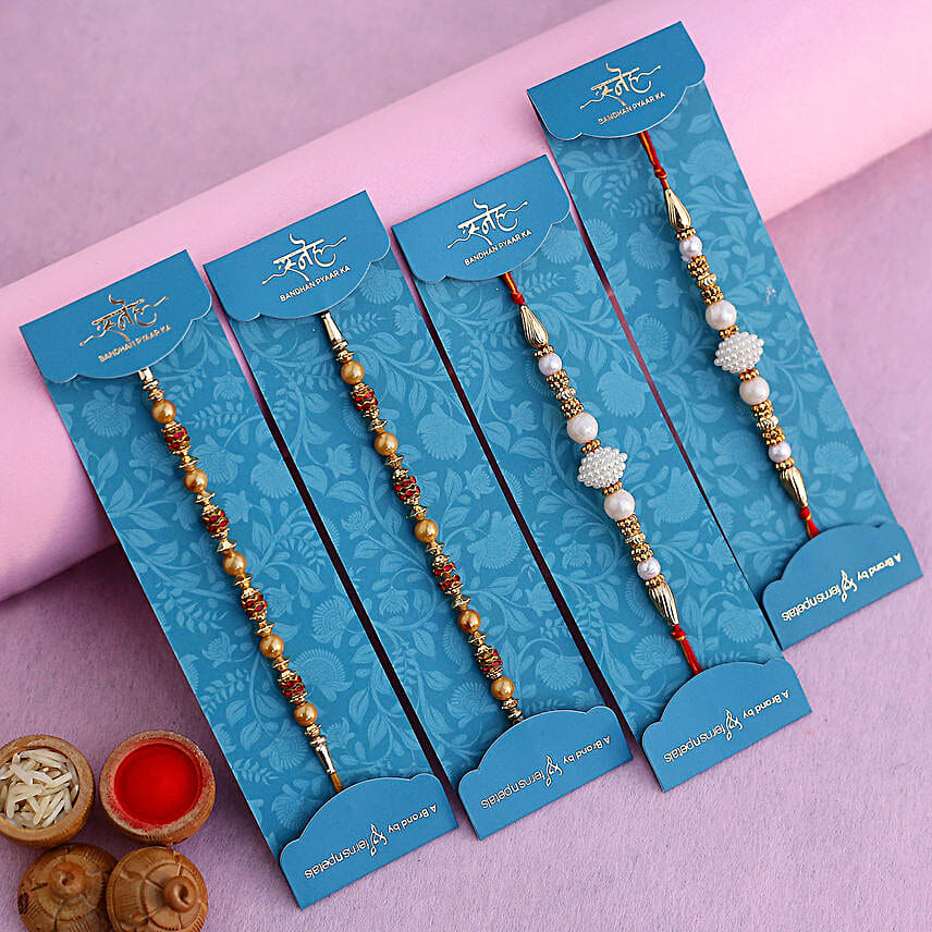 Pearl Studded And Mauli Rakhis Set Of 4