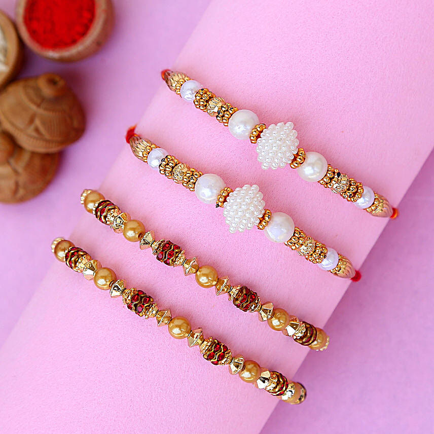 Pearl Studded And Mauli Rakhis Set Of 4