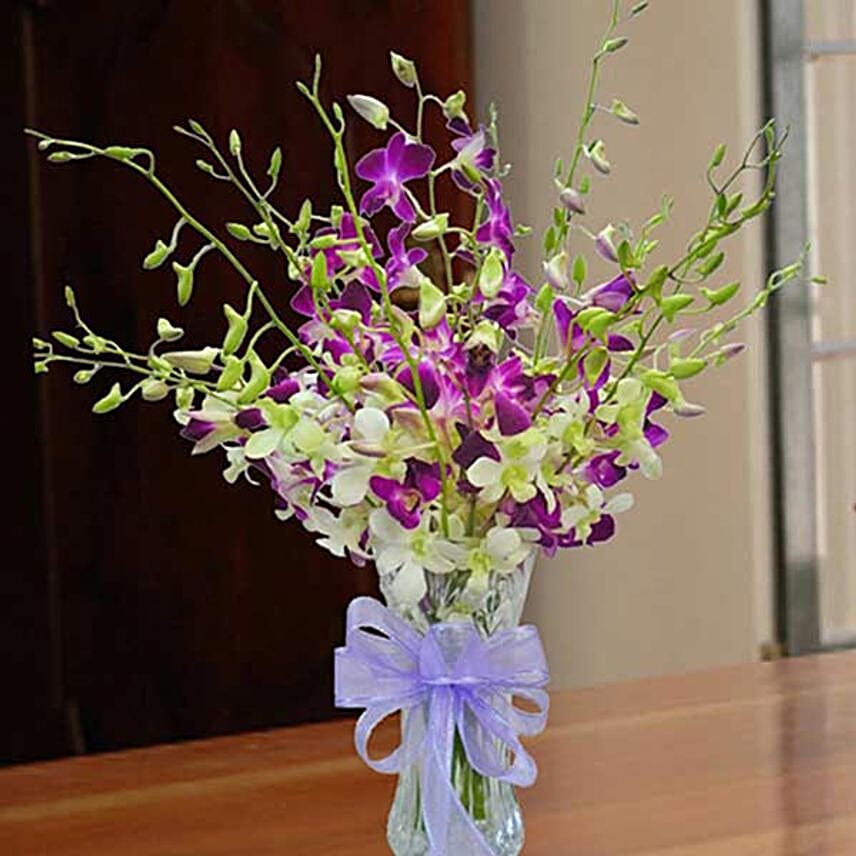 Purple And White Orchids Vase Arrangement