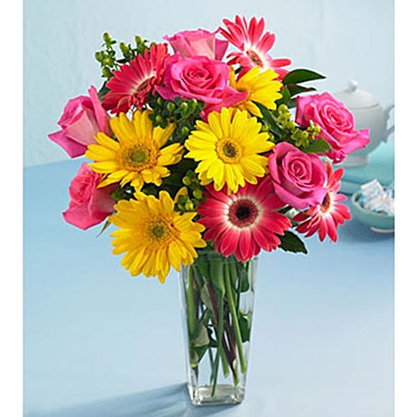 Roses And Gerberas Vase Arrangement