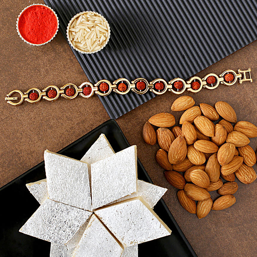 Rudraksha Bracelet Rakhi And Almonds With Kaju Katli