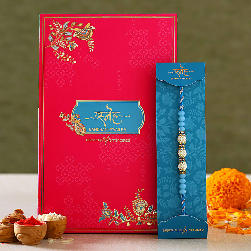 Sea Blue Pearl And Thread Designer Rakhi