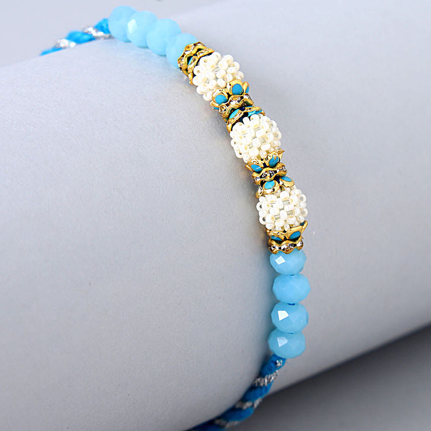 Sea Blue Pearl And Thread Designer Rakhi