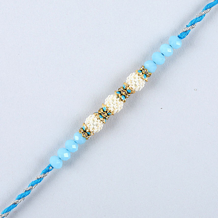 Sea Blue Pearl And Thread Designer Rakhi