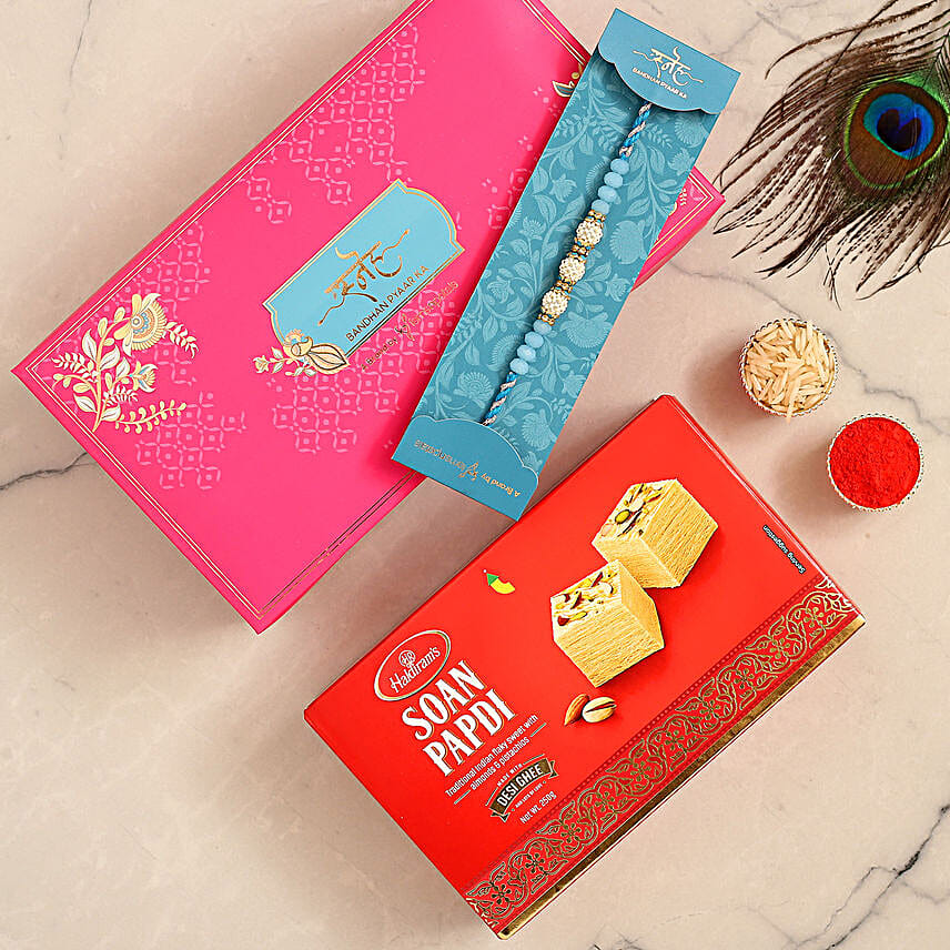 Sea Blue Pearl Designer Rakhi And Soan Papdi