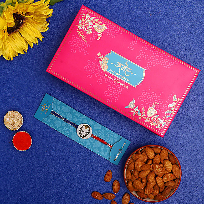 Superhero Metal Ironman Kids Rakhi And Healthy Almonds