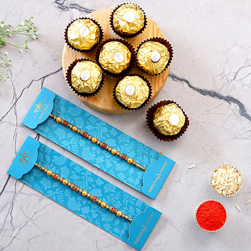 Traditional Pearl Studded Rakhi Set And 5 Pcs Ferrero Rocher