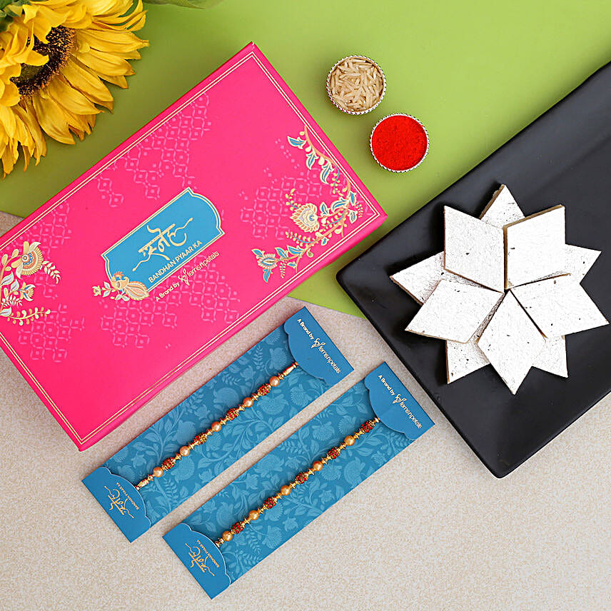 Traditional Pearl Studded Rakhi Set And Kaju Katli