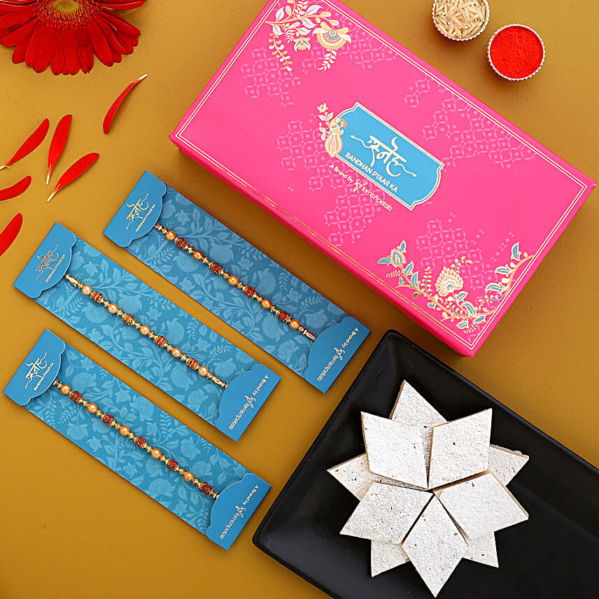 Traditional Pearl Studded Rakhi Trio And Kaju Katli