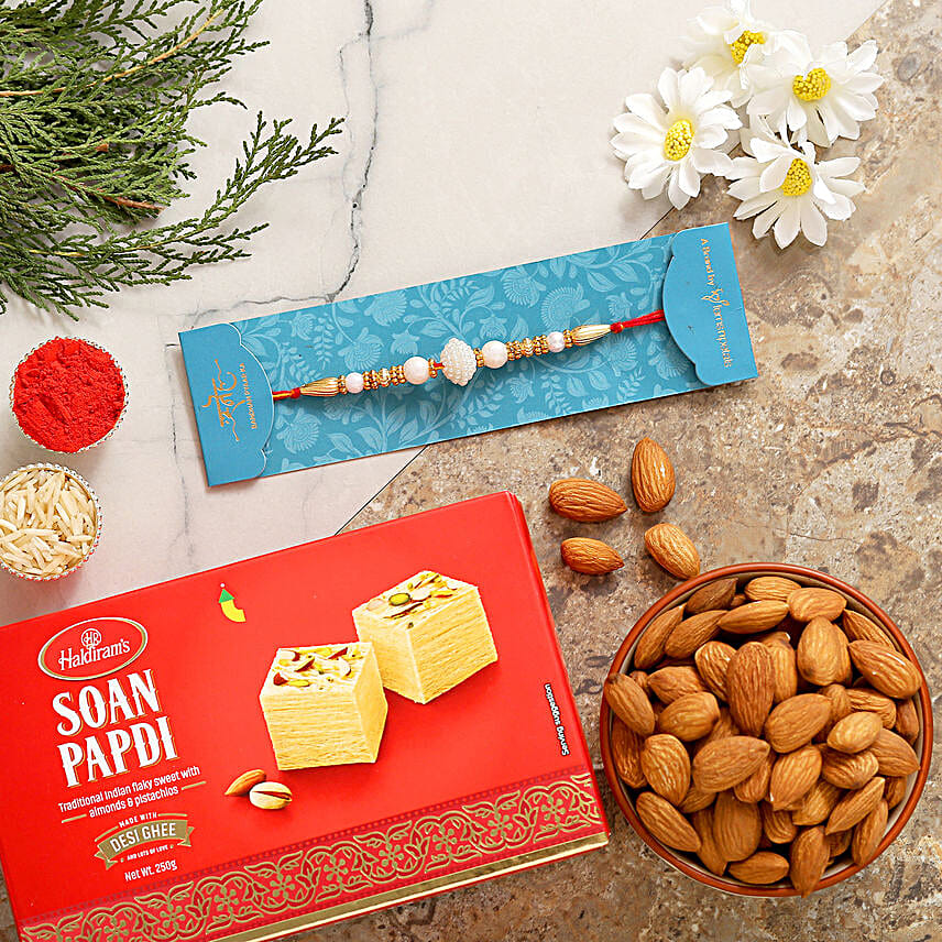 White Pearl Mauli Rakhi With Soanpapdi And Almonds