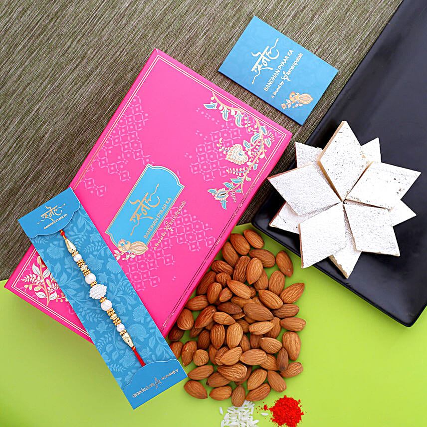 White Pearl Rakhi And Almonds With Kaju Katli