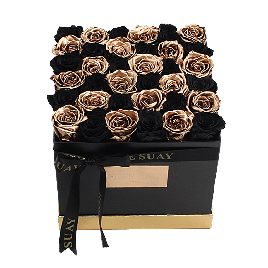 24K Gold And Black Eternity Roses Square Box