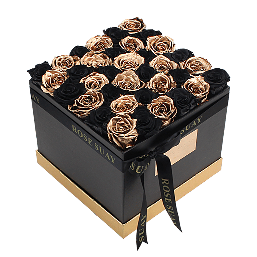 24K Gold And Black Eternity Roses Square Box