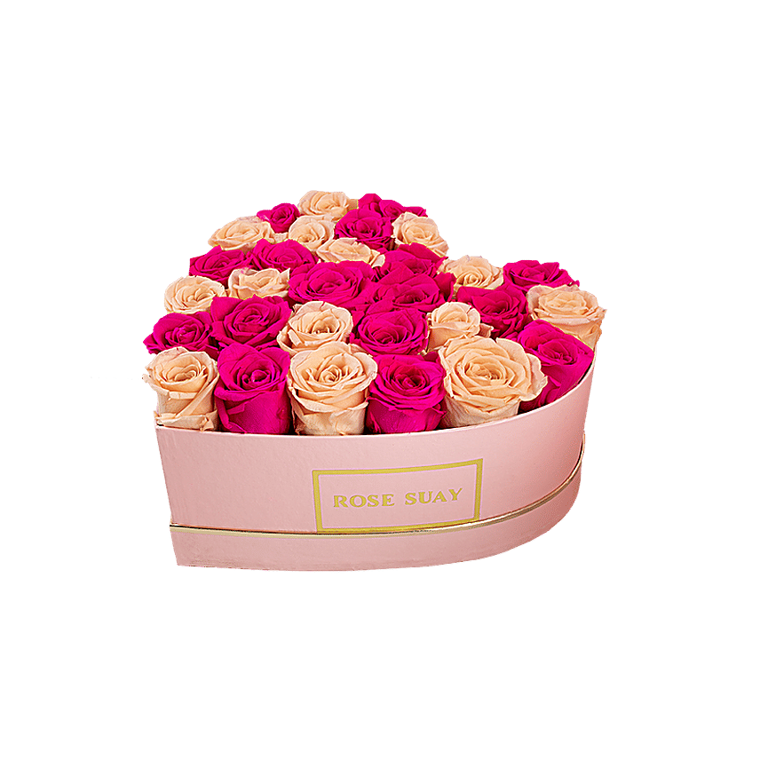 Champagne And Hot Pink Forever Roses Heart Box