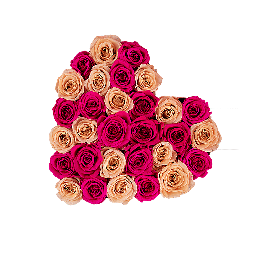 Champagne And Hot Pink Forever Roses Heart Box
