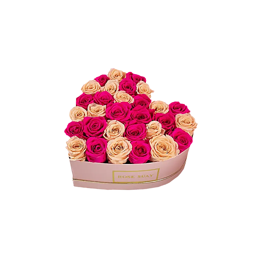 Champagne And Hot Pink Forever Roses Heart Box