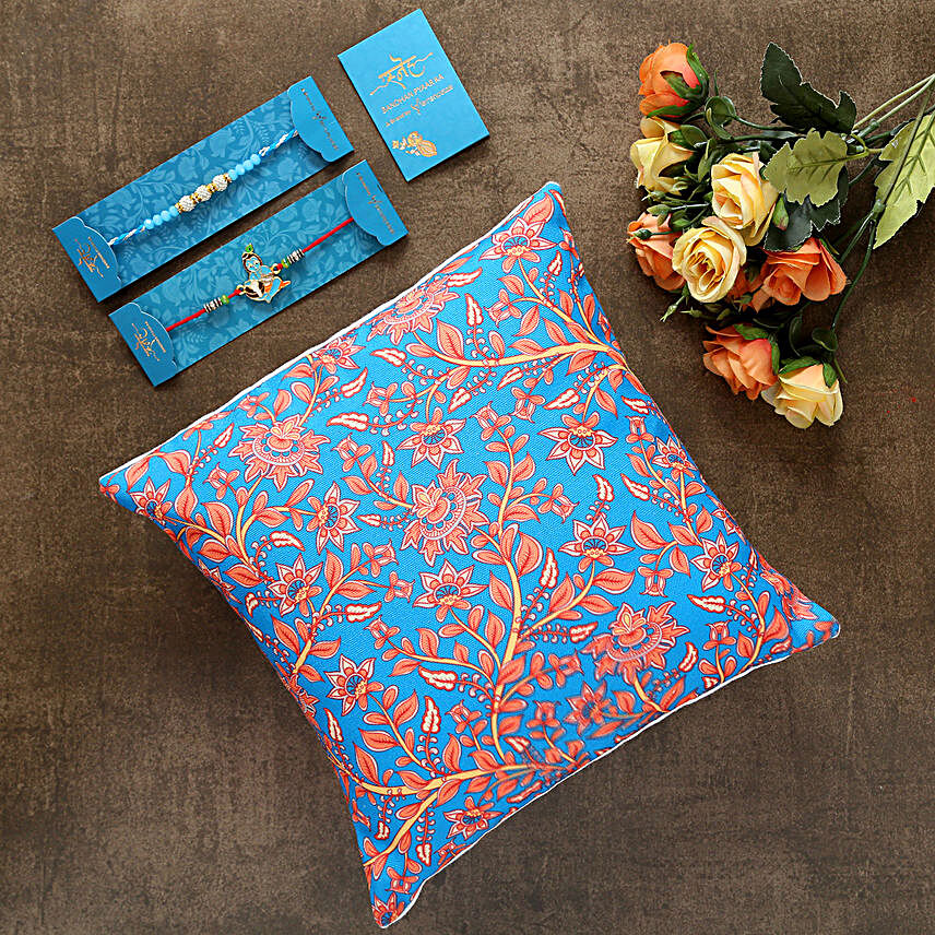 2 Traditional Rakhis And Floral Print Cushion