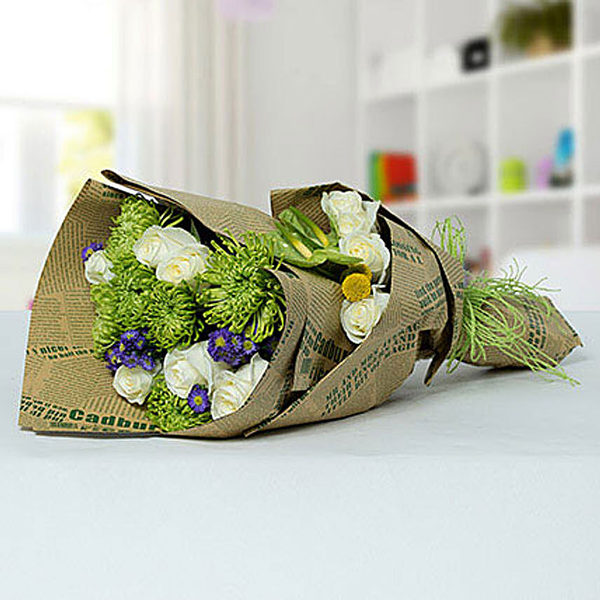 Delicate Flower Bouquet In Newspaper Packing