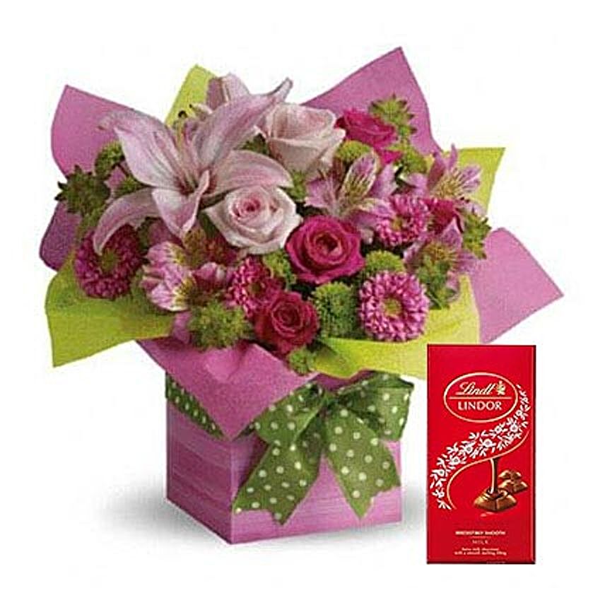 Mixed Flowers Arrangement and Lindt Chocolate Combo:Send Birthday Chocolates to UAE