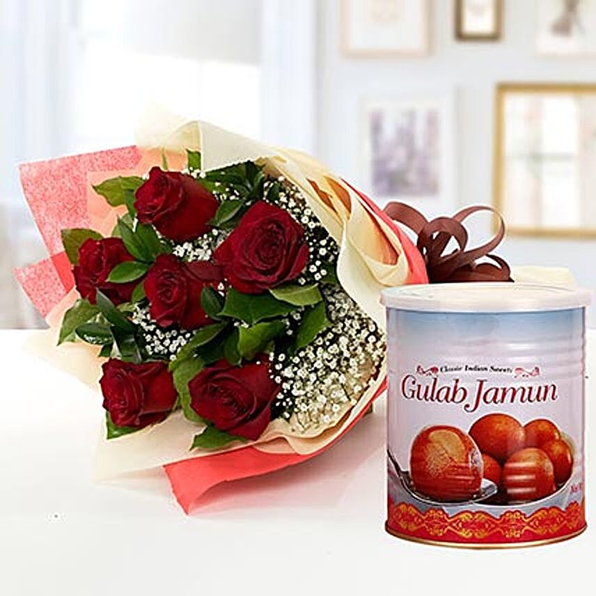 Red Roses Bouquet and Gulab Jamun Combo:Flowers and Sweets Delivery in UAE