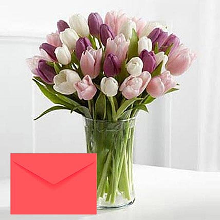 Tulips Vase Arrangement With Greeting Card:Flower Arrangements to UAE