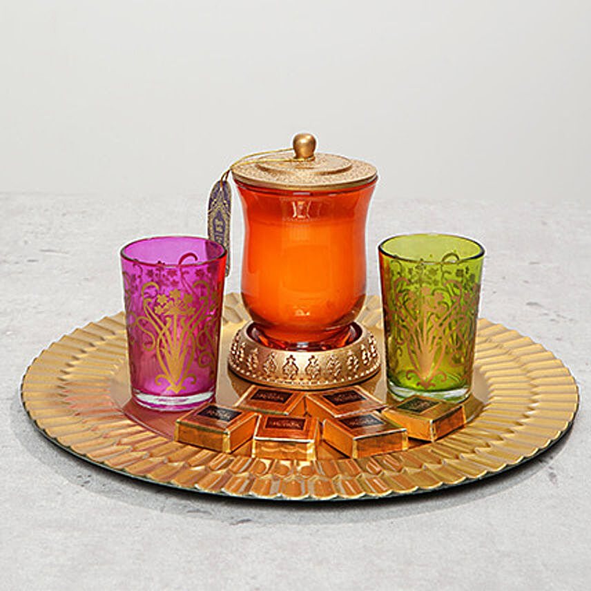 Ethnic Jar Candle Glasses and Chocolates Platter