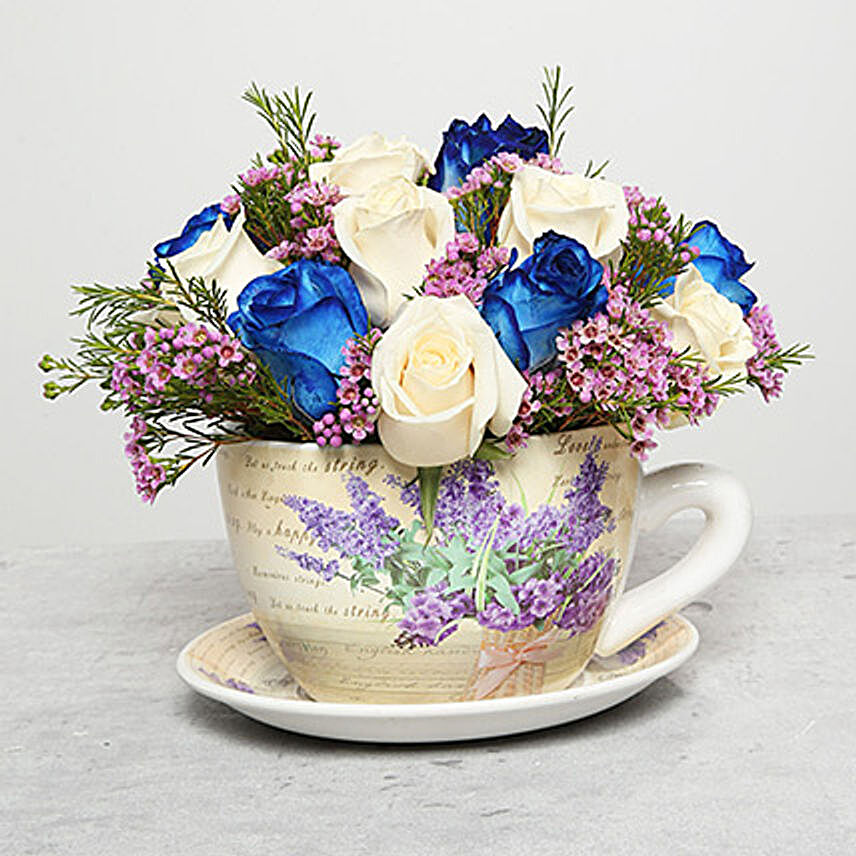 Rose Arrangement in Cup and Plate Pot