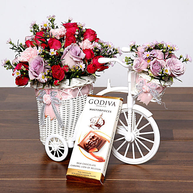 Purple and Pink Flowers With Godiva Chocolate uae Gift Purple and