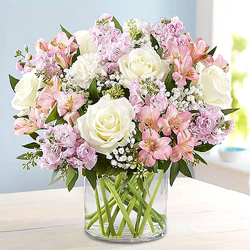 Pink and White Floral Bunch In Glass Vase:Best Seller Gifts for Dubai