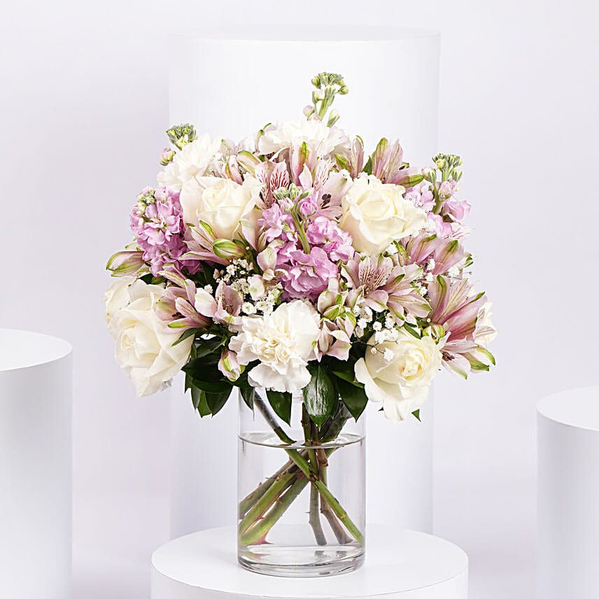 Pink and White Floral Bunch In Glass Vase:Dubai Flower Delivery