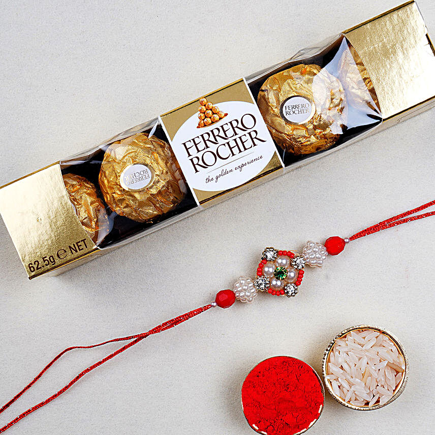 Appealing Floral Rakhi And 5 Pcs Ferrero Rocher:Rakhi With Chocolates to UAE